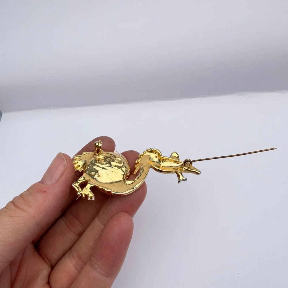 Pelican Bird Shaped Brooch Gold Tone Faux Pearl Rhinestone Fish Whimsical